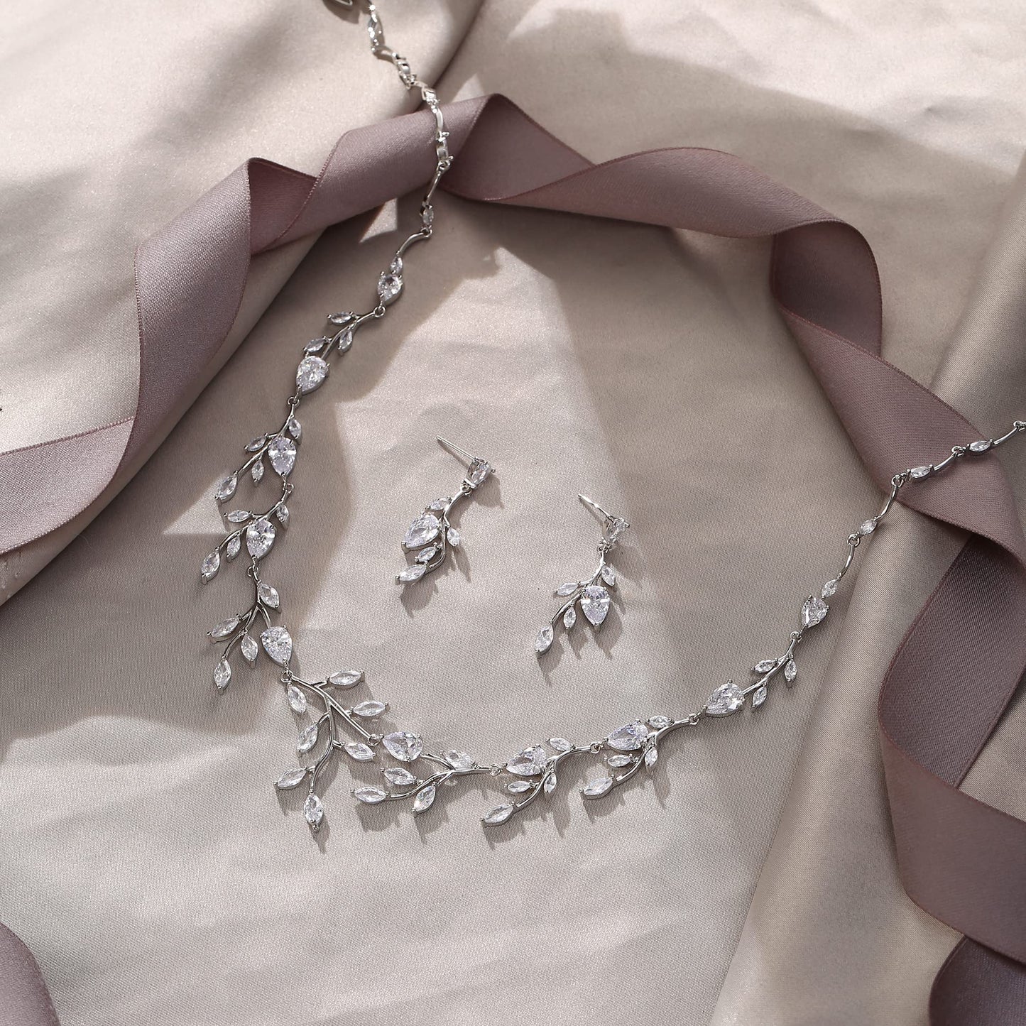 EVER FAITH Wedding Jewelry for Bride Women Bridesmaid, Sparkly White Cubic Zirconia Pear-Shaped Birthstone Leaf Necklace Earrings Set for Prom Clear Silver-Plated-Brass