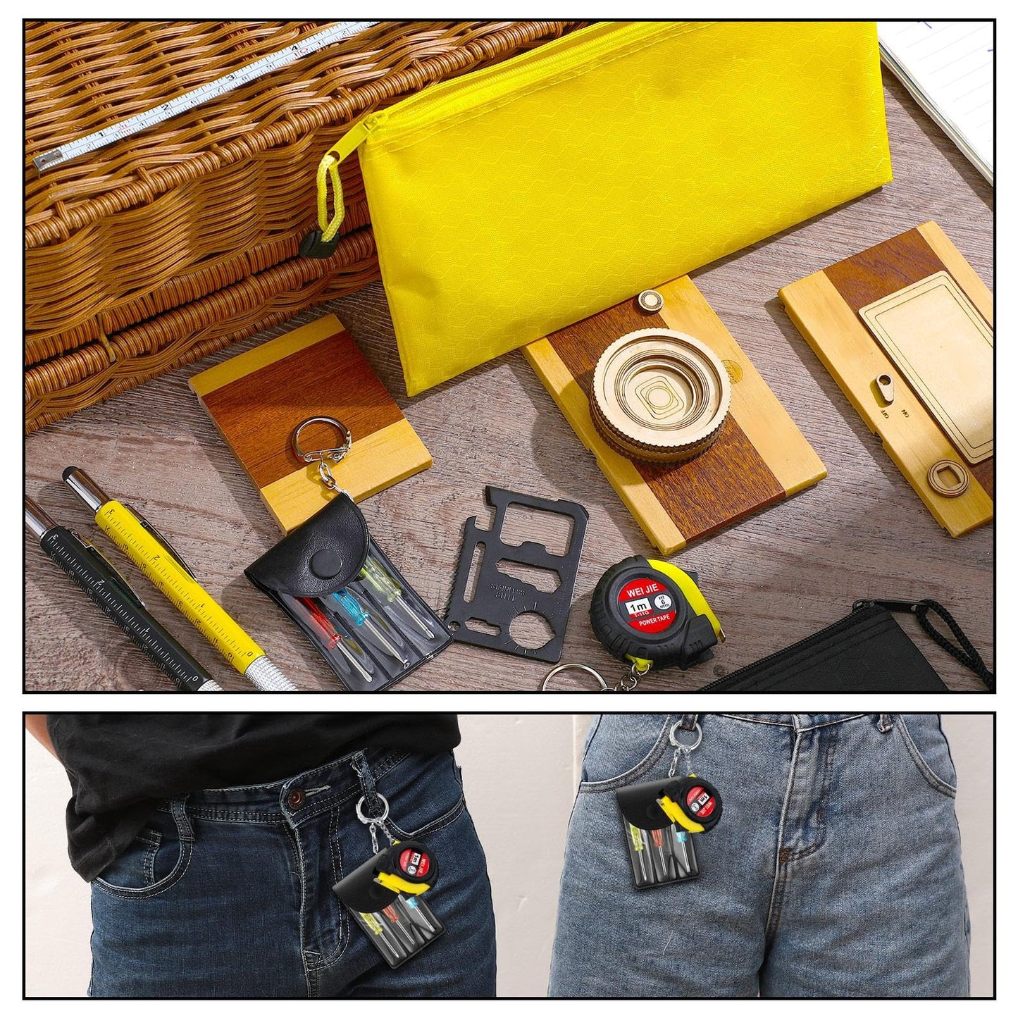 Lasnten 50 Pcs Mini Tape Measure Screwdriver Keychain Set Bulk Men Gifts Multitool Pen Card Mini Tool Bag Pouch Adult Party Favors Pinata Stuffers for Men Father's Day Husband Gifts (Black+Yellow)
