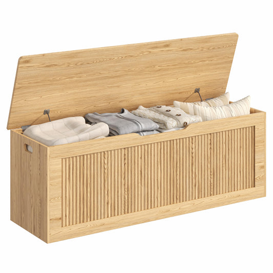Akxomel Extra Large Fluted Storage Chest, 51.2" Storage Bench with 2 Safety Hinges, Shoe Bench, Wooden Box Bench, Long Storage Trunk with Lift Top, for Bedroom, Living Room, Entryway, Natural Oak
