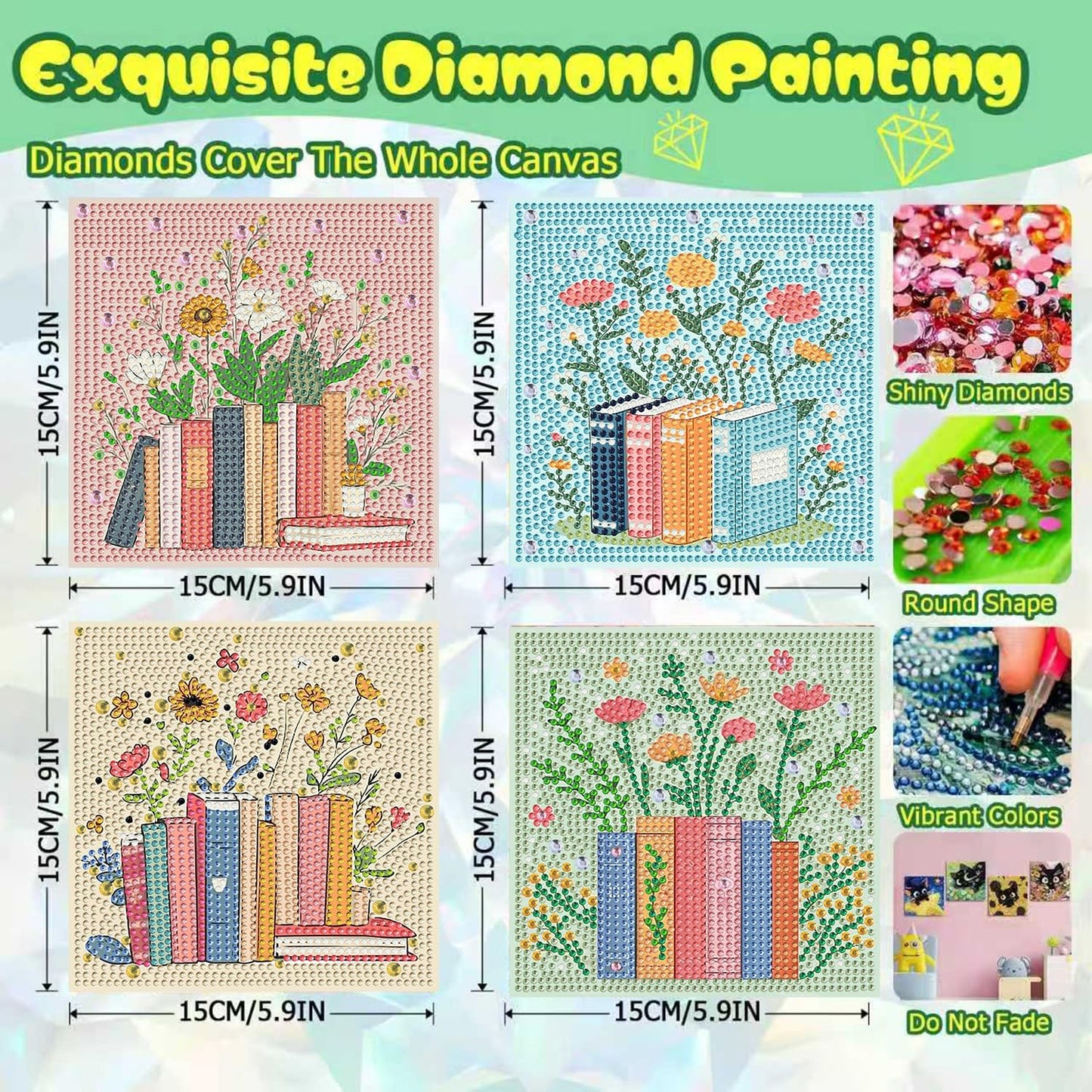 ICYANART 4 Pack Book Diamond Art Painting Kits for Kids, Cute Gem Art Kit for Kids Ages 6-8-12, Small Diamond Art for Kids Easy Handmade Gifts and Home Wall Decor 7x7inch