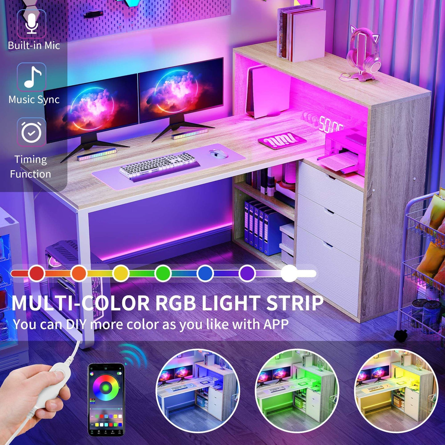 YITAHOME L Shaped Desk with Power Outlets, 55" Computer Desk with Drawers & Bookshelf, Home Office Desk with LED Lights, Corner Desk with File Cabinet, White & Oak