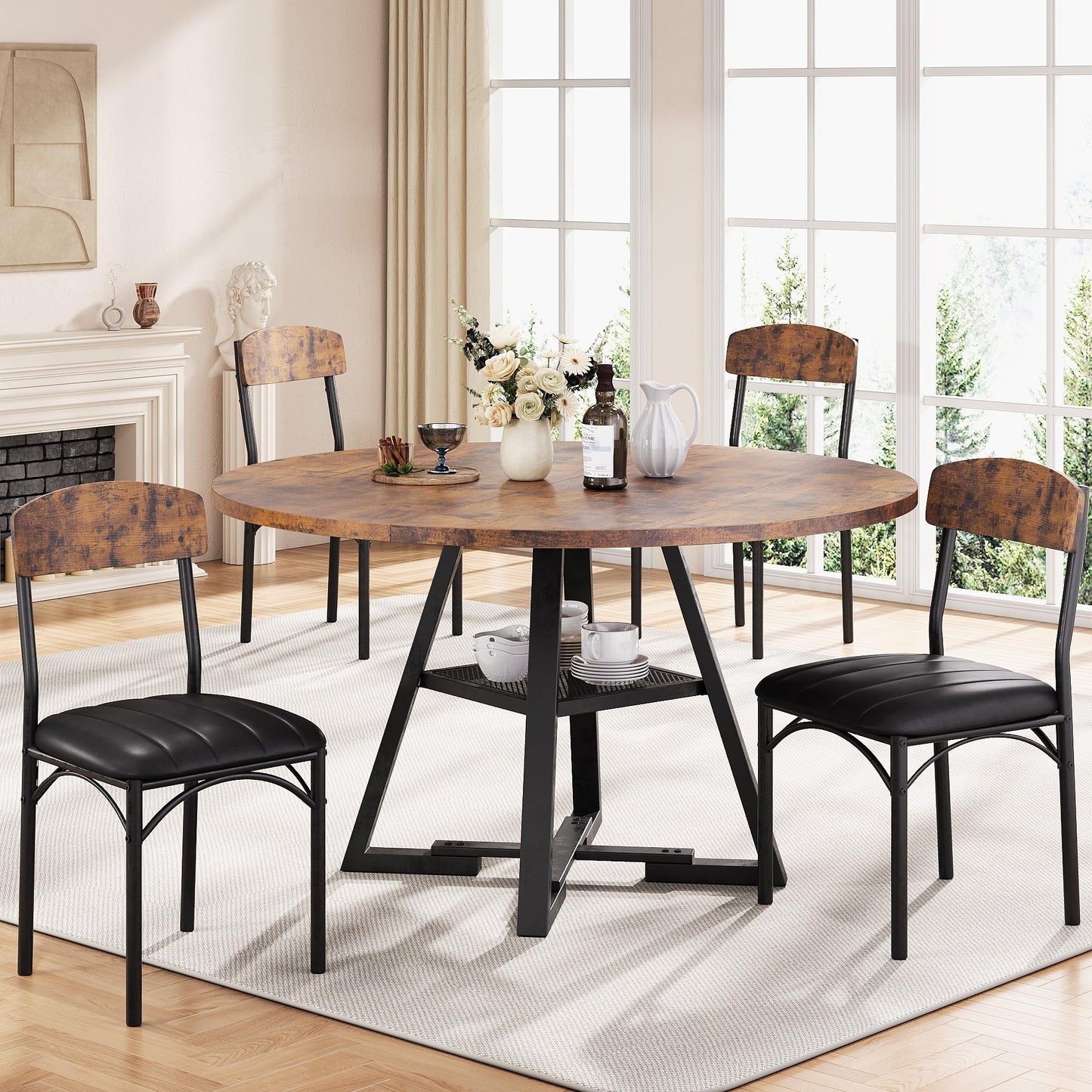 Dining Table Set for 4,Kitchen Table and Chairs for 4, Round Dining Room Table with Upholstered Chairs, 5 Piece Space Saving Circle Wood Kitchen & Dining Room Dinner Dinette Table Set (Vintage, 47In)
