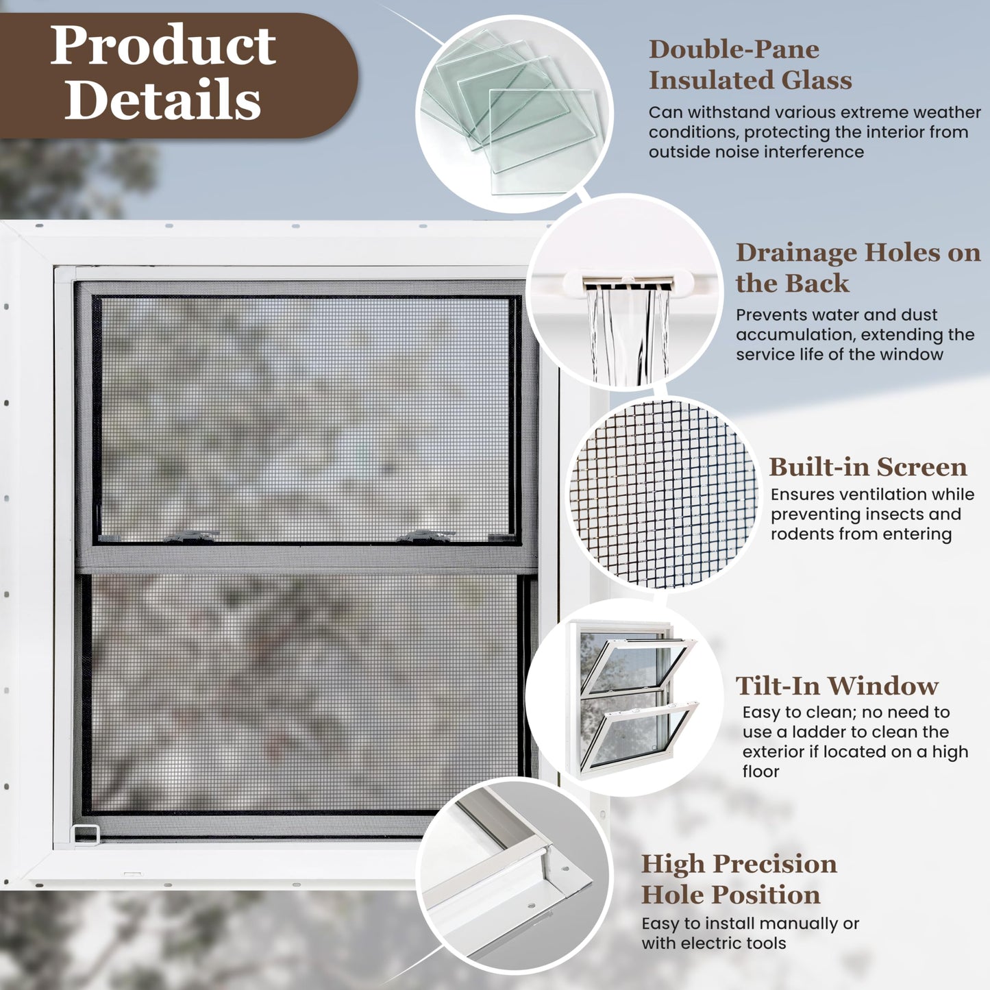Vinyl Double Hung Sliding Window, 32" x 36" Household Window with Double-Pane Insulated Tempered Glass and Fiberglass Screen for House, Mobile Home (White)