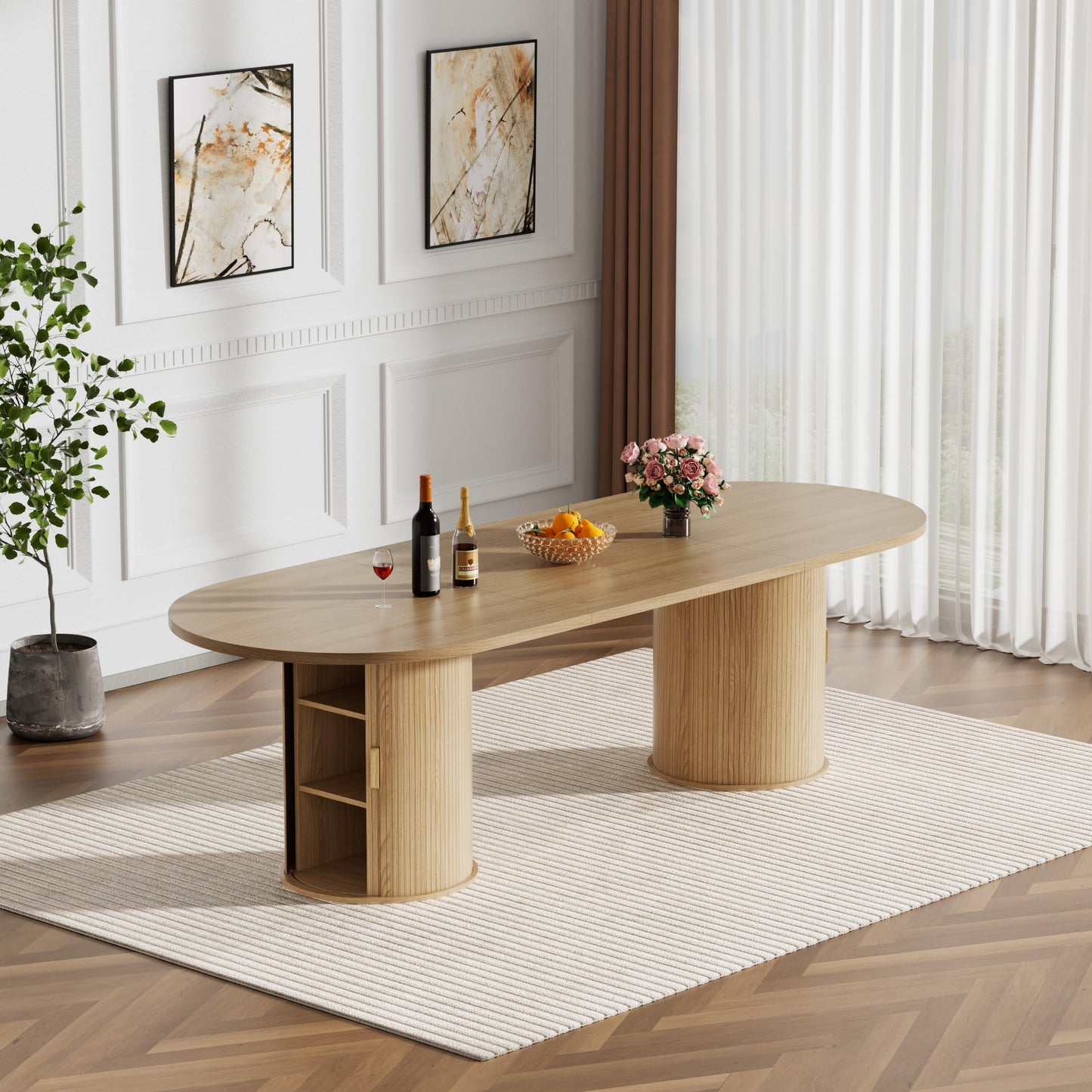 MELAABUU Modern 11-Piece Extendable Dining Table Set for 10, Oval Expandable Kitchen Table Set with 10 Velvet Chairs,63"-94" Large Dining Room Tables with Brown Wood Top & Fluted Cabinet Base