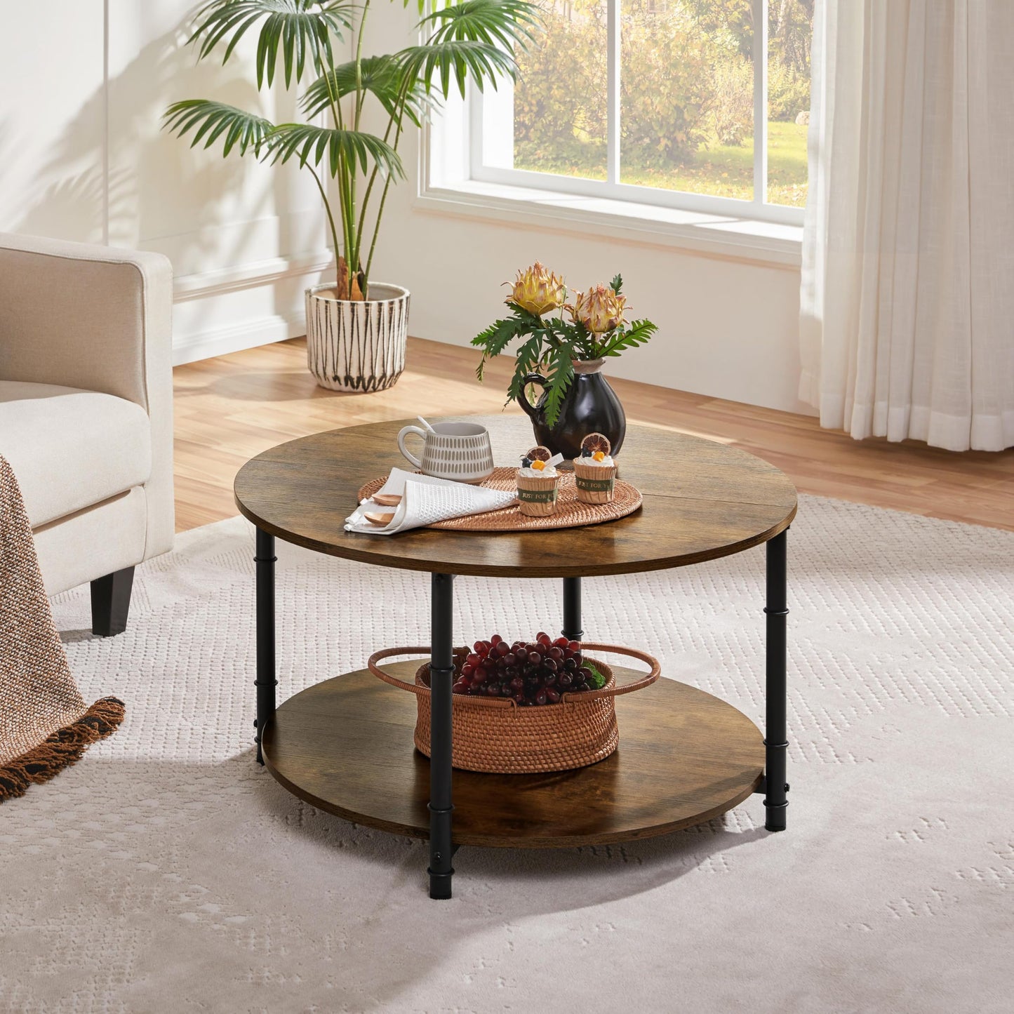 Yaheetech Round Coffee Table, 2 Tier Coffee Table with Storage, Modern Center Tables for Living Room, Easy to Assemble, 35.5 x 18 Inches Rustic