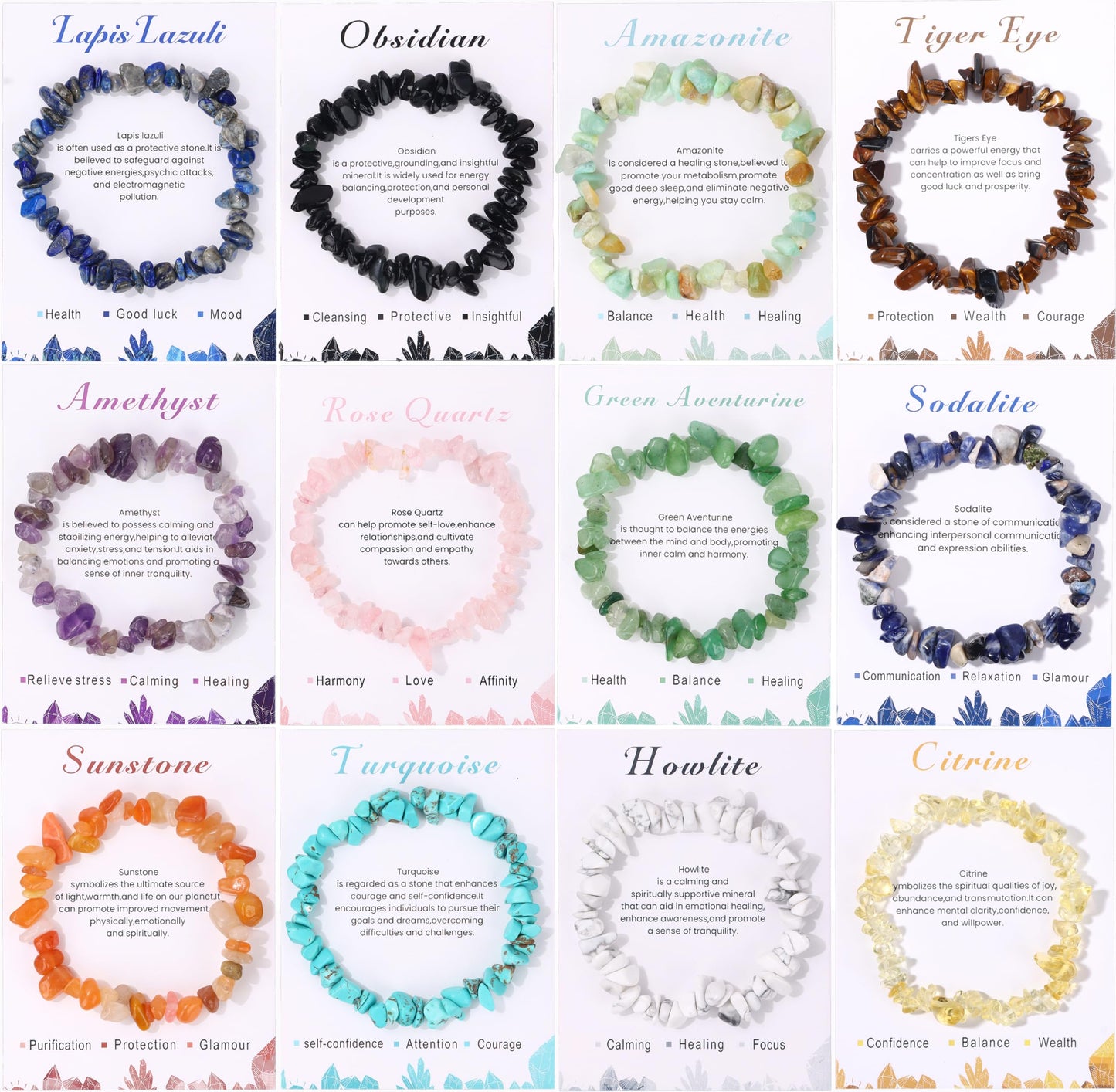 SONNYX 12 PCS Crystals Chip Bracelets Set for Women Natural Gemstone Bracelets Colorful Gravel Bead Bracelets Irregular Chips Beads Bracelet Reiki Stretch Beaded Bracelets Jewelry