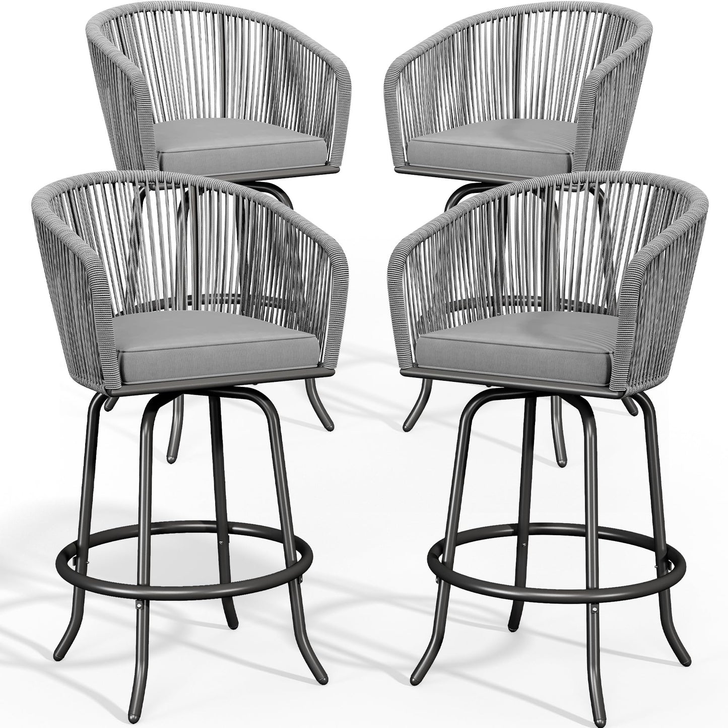YITAHOME Counter Height Bar Stools Set of 4, Outdoor Bar Stools with Soft Cushions, Patio Rattan Swivel Bar Chairs for Backyard Poolside, Garden w /360 Rotation (Gray)
