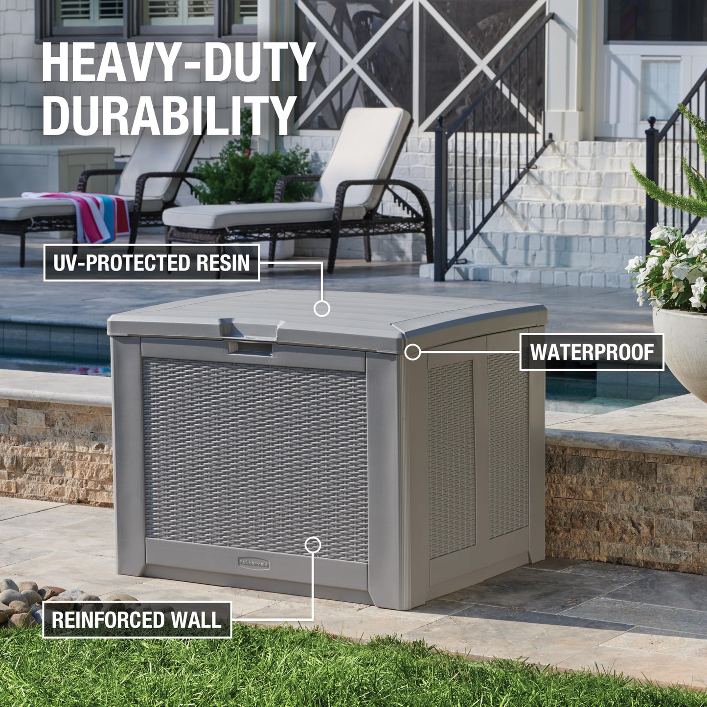 Rubbermaid Medium Resin Outdoor Storage Deck Box (74 Gal) Weather Resistant Gray Deck Organization for Home/Backyard/Pool Chemicals/Toys/Garden Tools/Porch/Patio Cushions
