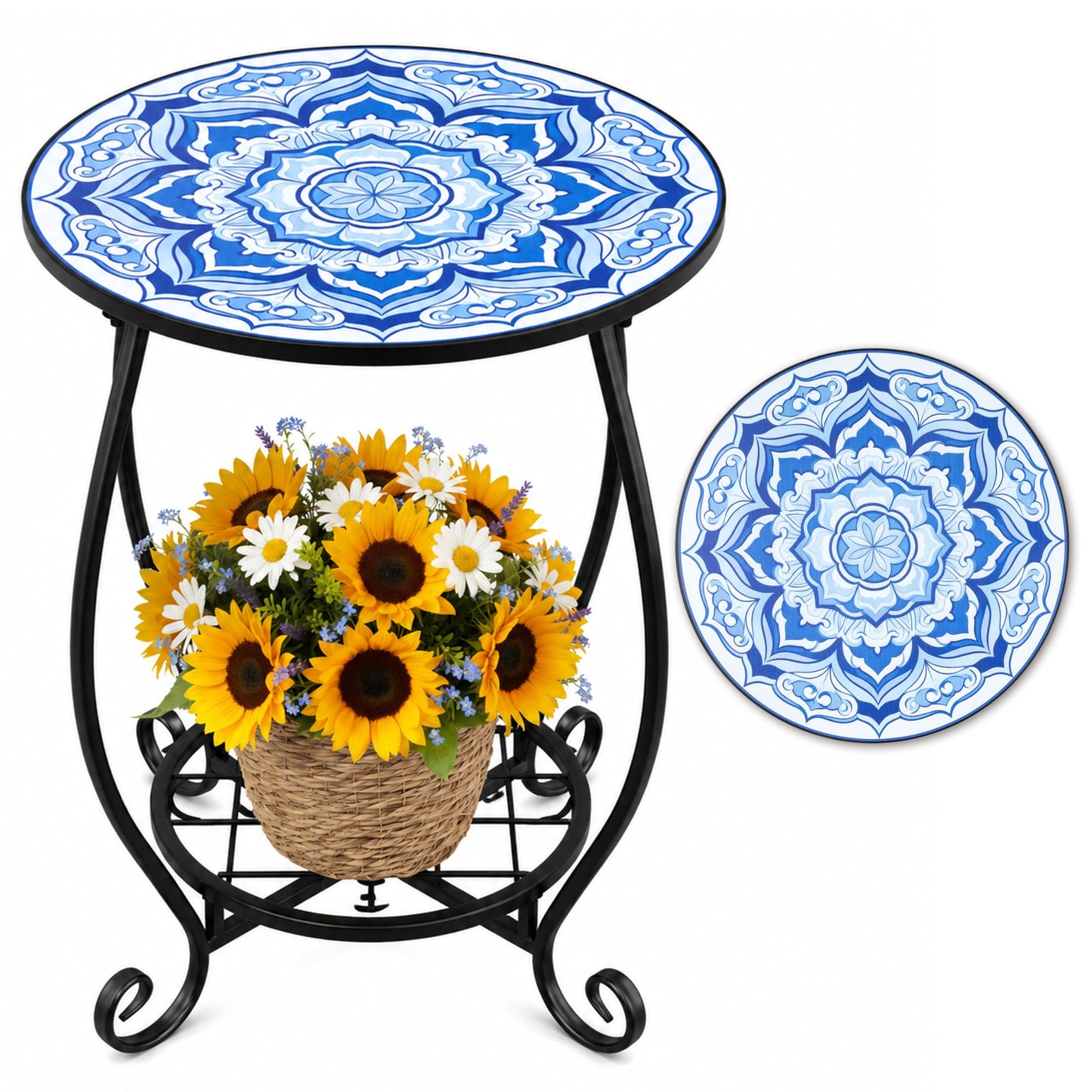 GudaAphrmix Mosaic Outdoor Side Table - Round Flower Patio Accent with Plant Stand, 14" Coffee Tea Metal Outside End Table for Yard Patio Porch Balcony Garden Indoor Living Room Bedroom Decor