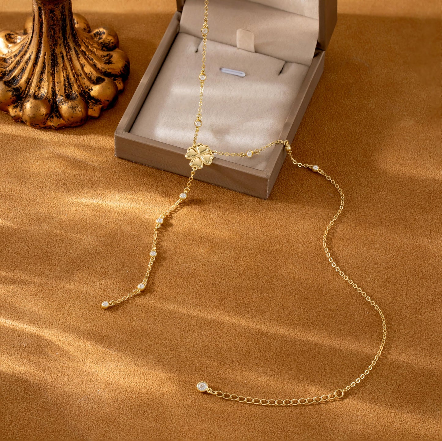 CHESKY Lariat Gold Necklace for Women, Dainty Long Necklace 14k Gold Plated Y-Shaped Pendant Necklace Trendy CZ Beaded Chain Four Leaf Drop Necklaces Gold Jewelry for Women Gifts
