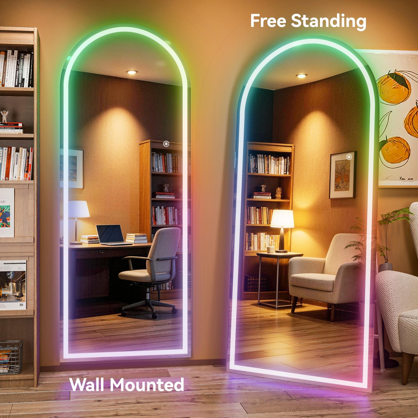 Hasipu Arch Full Length Mirror 81 x 34 in with Stand — Arch LED RGB Full Body Mirror, 7 Lighting Modes, Dimmable, Built‑in Bluetooth Speaker, White Frame for Bedroom Dressing Room
