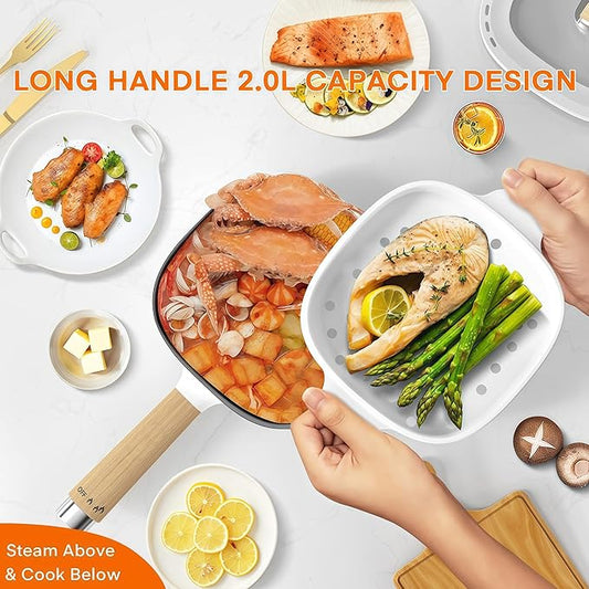 Audecook Hot Pot Electric 2L, Cermic Glaze Non-Stick Frying Pan 8 Inch, Portable Travel Cooker for Ramen/Steak/Fried Rice/Oatmeal/Soup, with Dual Power Control (Silicone Spatula Included)