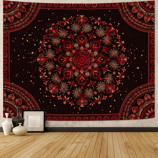 Accnicc Boho Mandala Tapestry Wall Hanging Hippie Bohemian Floral Flower Medallion Tapestry Aesthetic Small Vintage Black Red Indian Tapestries for Bedroom Living Room Dorm Decor 48 x 36 Inch