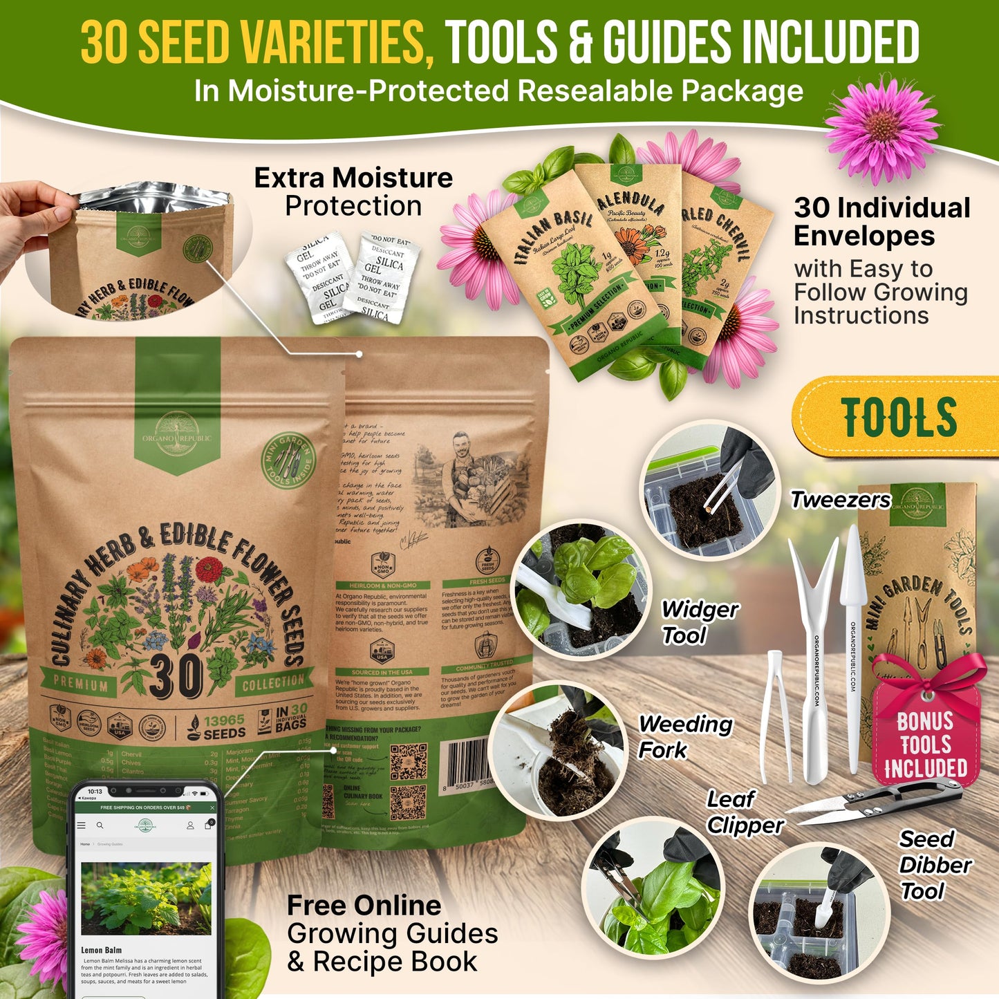Organo Republic 30 Culinary Herbs & Edible Flower Seed Variety Pack- Indoor/Outdoor. 14000+ Non-GMO Heirloom Flower Seeds: Basil, Borage, Echinacea, Lavender, Oregano, Rosemary Seeds & More