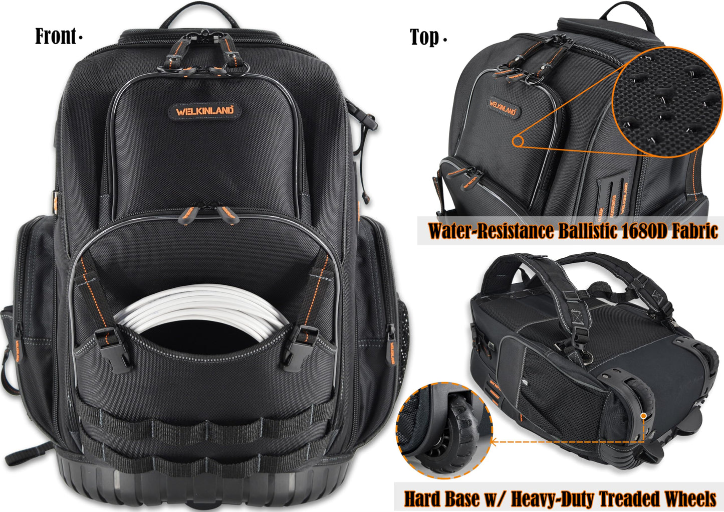 WELKINLAND 72Pockets Rolling Tool backpack, Large tool bag with wheels, Rolling Electrician bag with wheels for men