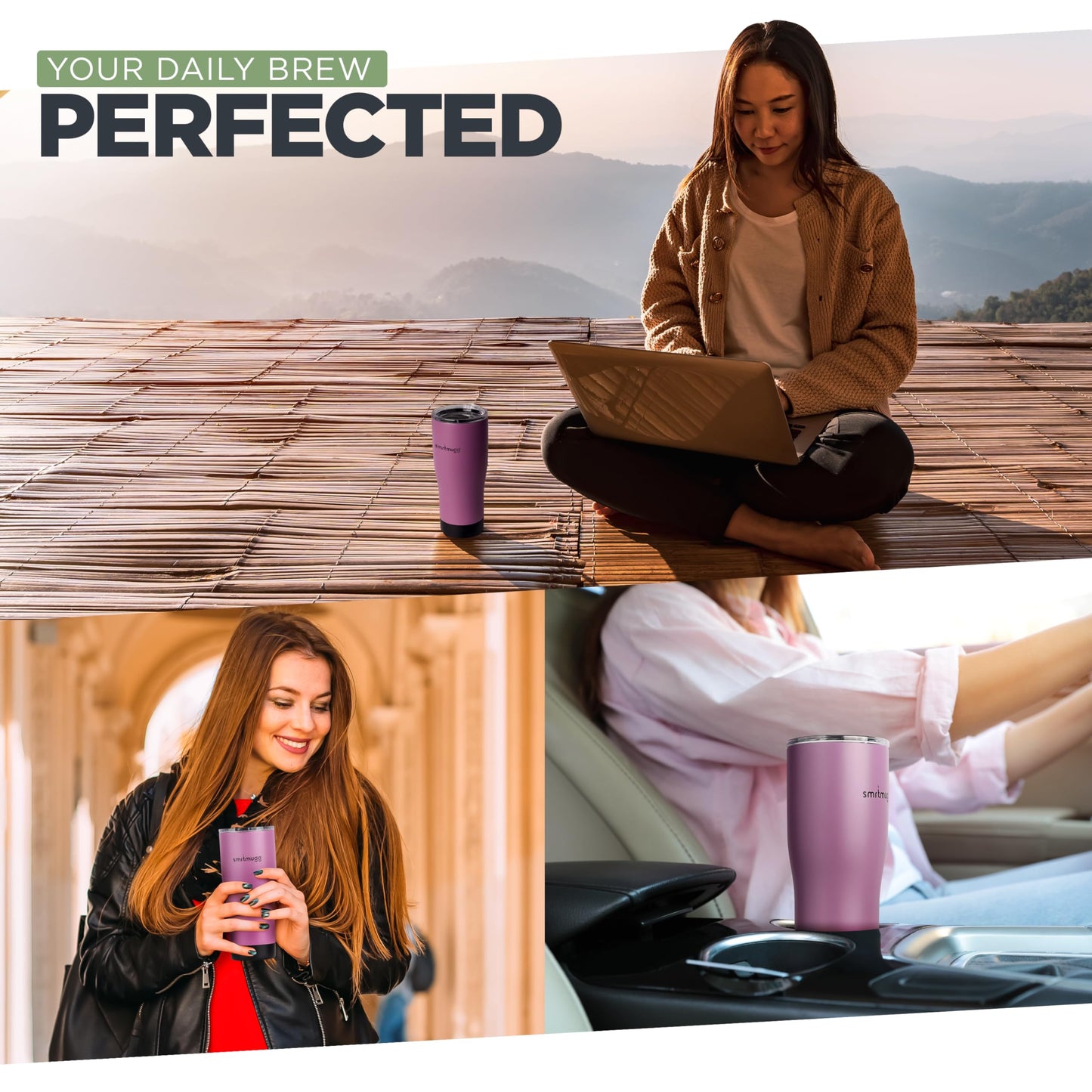 SmrtMugg X Heated Coffee Mug 19 oz., 8 Hour Battery Life, Self-Heating, Adjustable Temp Controlled, LCD Screen, Includes Cover with Magnetic Slider (Black) (Lilac)