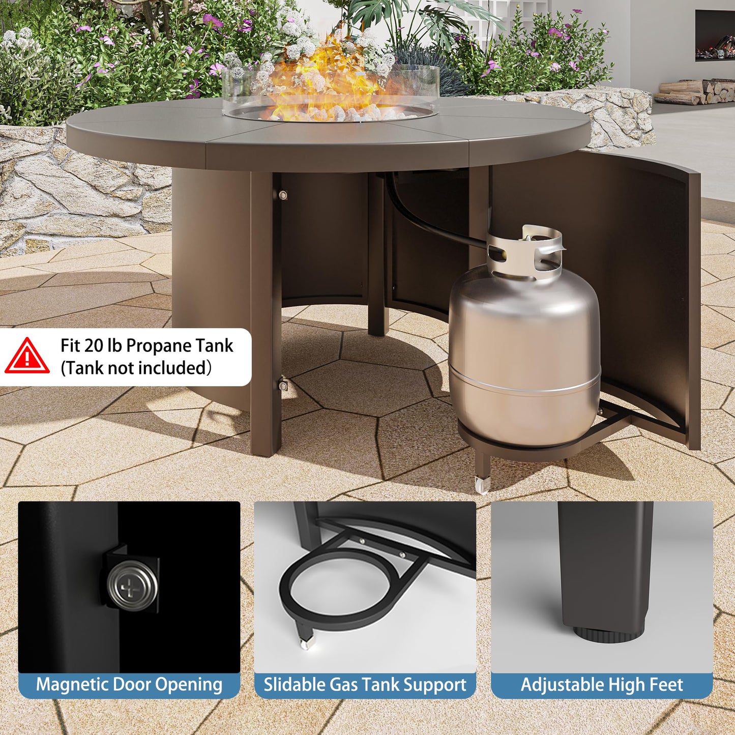 RTDTD 48" Round Propane Fire Pit Table,55000 BTU Round Firepit,Outdoor Fire Pit with Fire Glass,Lid,Waterproof Cover and Blue Glass Stone for Backyard,Garden,Patio
