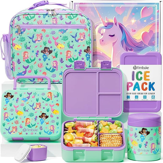 Fimibuke Bento Lunch Box for Kids with Food Jar, 3-Compartment 32OZ Snack Lunch Container, Lunch Bag, 12OZ Insulated Food Jar & Ice Pack Set for Age 3-12 School Daycare Toddler Teen Girls Boy, Mermaid
