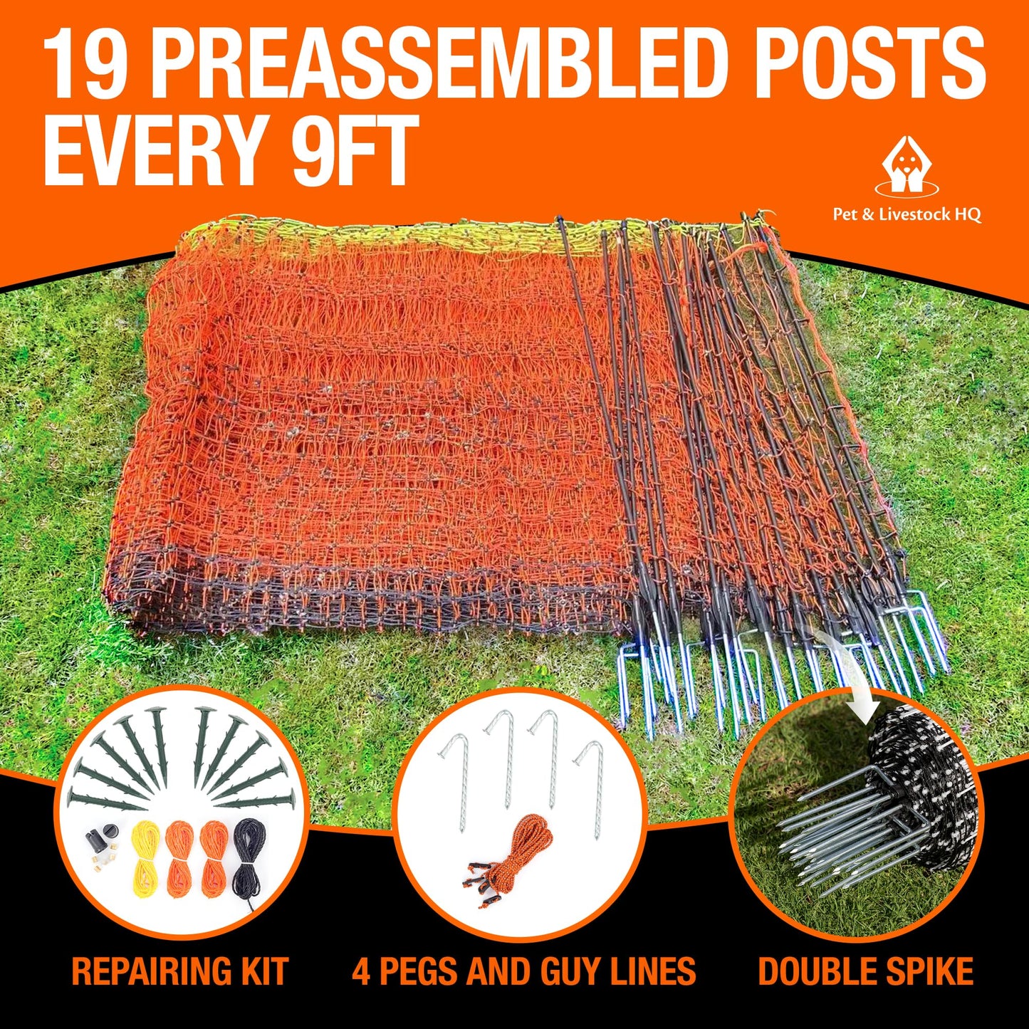 Pet & Livestock HQ Electric Fence Poultry Netting 48" x 164' - Portable Pre-Assembled Electric Net Fencing for Goats, Sheep, Lambs in Farms, Ranches, and Gardens (19 Posts, 2 Spikes)