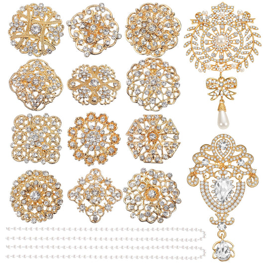 14 Pcs Crystal Flower Brooch Pin Sets Gold Crystal Brooches Pearl Wedding Bouquet kit Set for Women DIY Craft Party