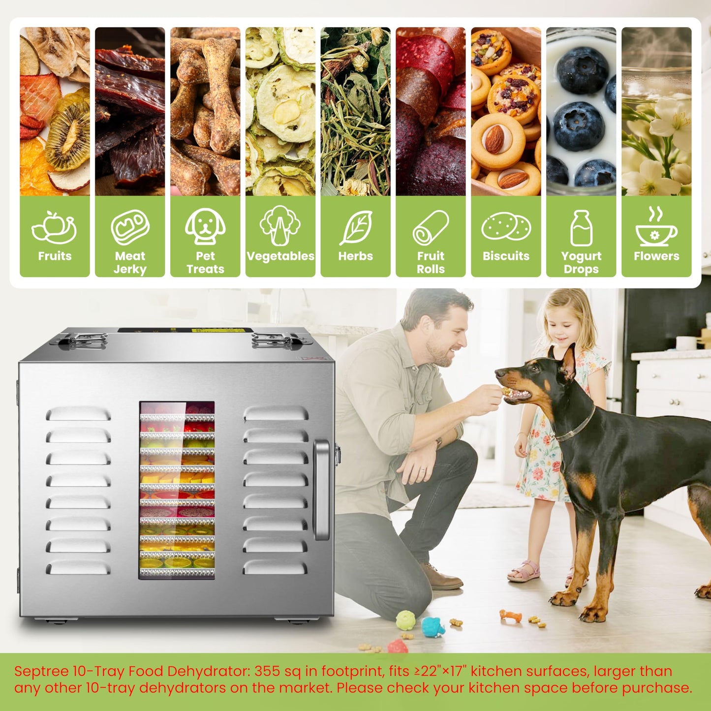 Commercial 10 Trays Food Dehydrator Machine for Jerky and Herbs Usable Area up to 24.65ft² and 194℉ Temperature 1000W Detachable Stainless Steel Dryer for Meat Fruit Mushrooms Beef Food Secret Silver