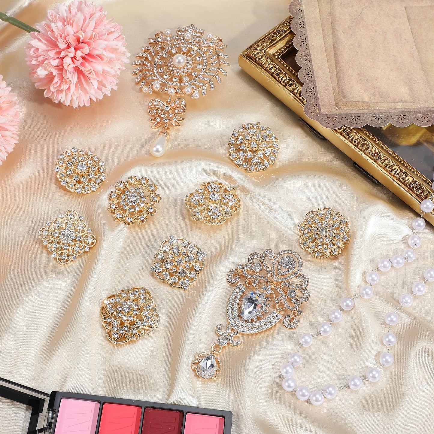 14 Pcs Crystal Flower Brooch Pin Sets Gold Crystal Brooches Pearl Wedding Bouquet kit Set for Women DIY Craft Party