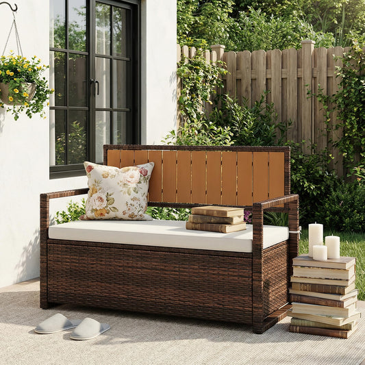 75 Gallon Outdoor Storage Bench, All-Weather PE Rattan Deck Box with Seat, Wicker Patio Furniture for Cushions, Garden Tools, Pool Accessories, Water-Resistant and Durable (Brown White)