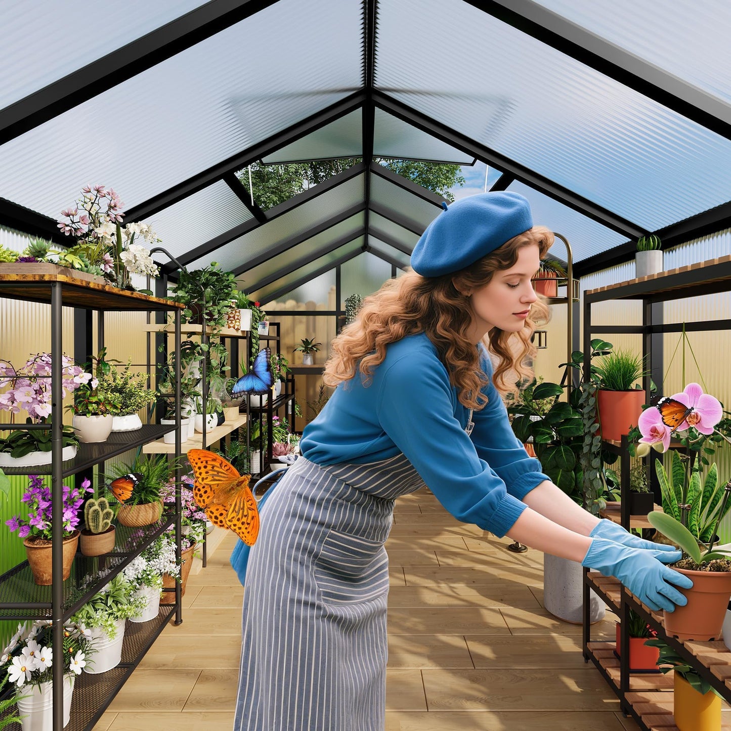 6x10 FT Greenhouse, Outdoor Sliding Door, Polycarbonate Greenhouse with Aluminum Frame, Lockable Door and Ajustable Roof Vent for Backyard, Outside Garden Backyard, Patio, Black