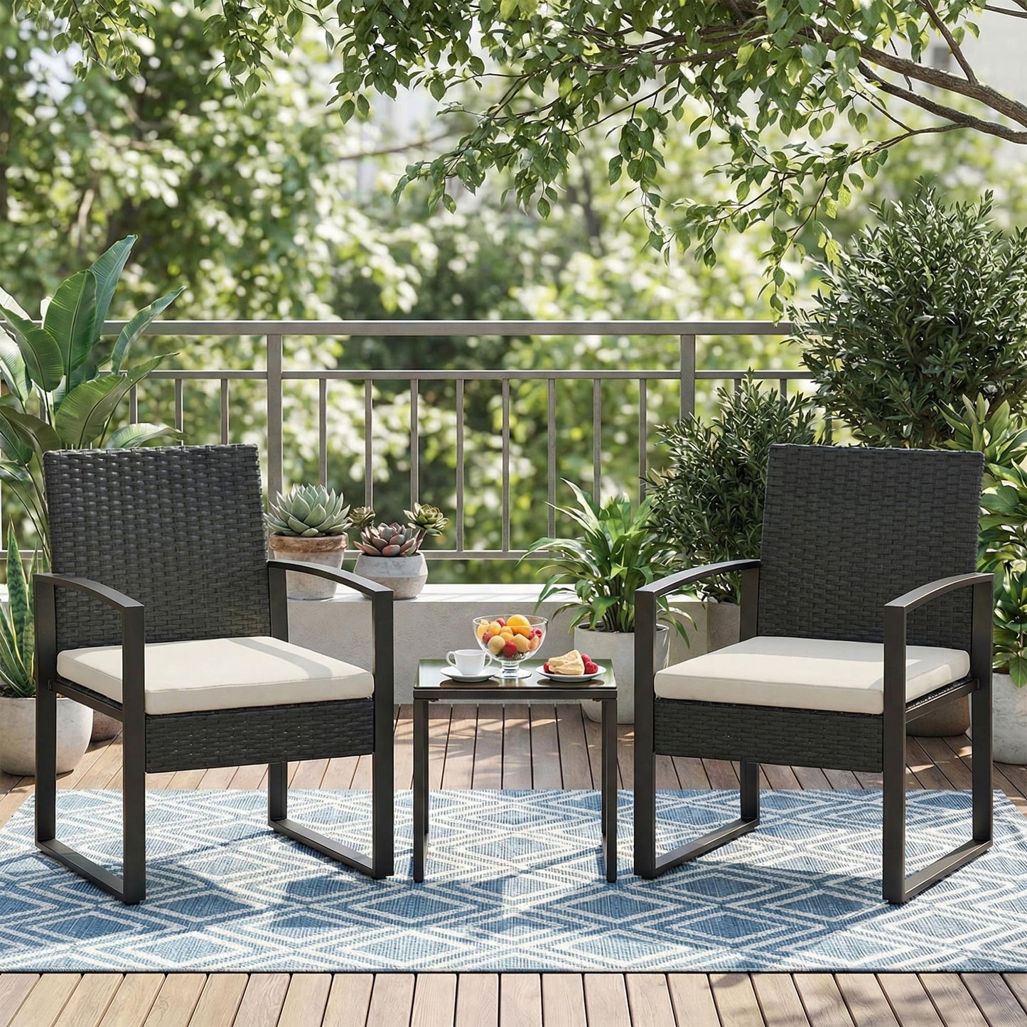 Garvee 3 Pieces Patio Bistro Set, PE Rattan Patio Conversation Set with Tempered Glass Coffee Table, Outdoor Wicker Furniture for Patio Garden Balcony Backyard, Black and Beige