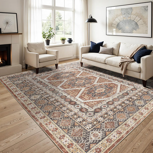 12x15 Area Rug for Living Room: Vintage Oriental Washable Rug for Bedroom Dining Room with Non Slip Rubber Backing Stain Resistant Low Pile Large Carpet Home Office (Brick, 12x15)