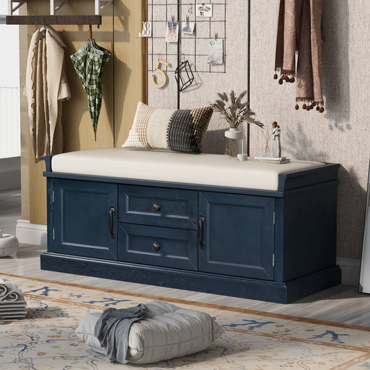Acosure 42″ Storage Bench with 2 Drawers and 2 Cabinets，Multipurpose Entryway Shoe Rack W/Removable Cushion，for Living Room Hallway Porch,Antique Navy