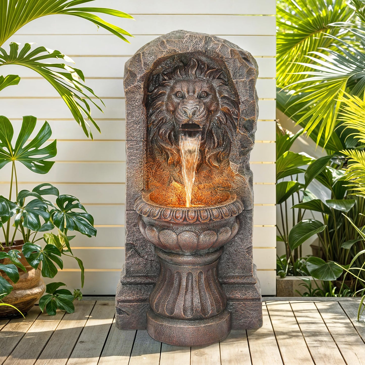 Autodaya 30" Lion Head Outdoor Water Fountain, Rustic Tiered Waterfall Fountain with LED Lights, Weatherproof Resin Freestanding Fountain for Garden, Patio, Yard & Courtyard Decor