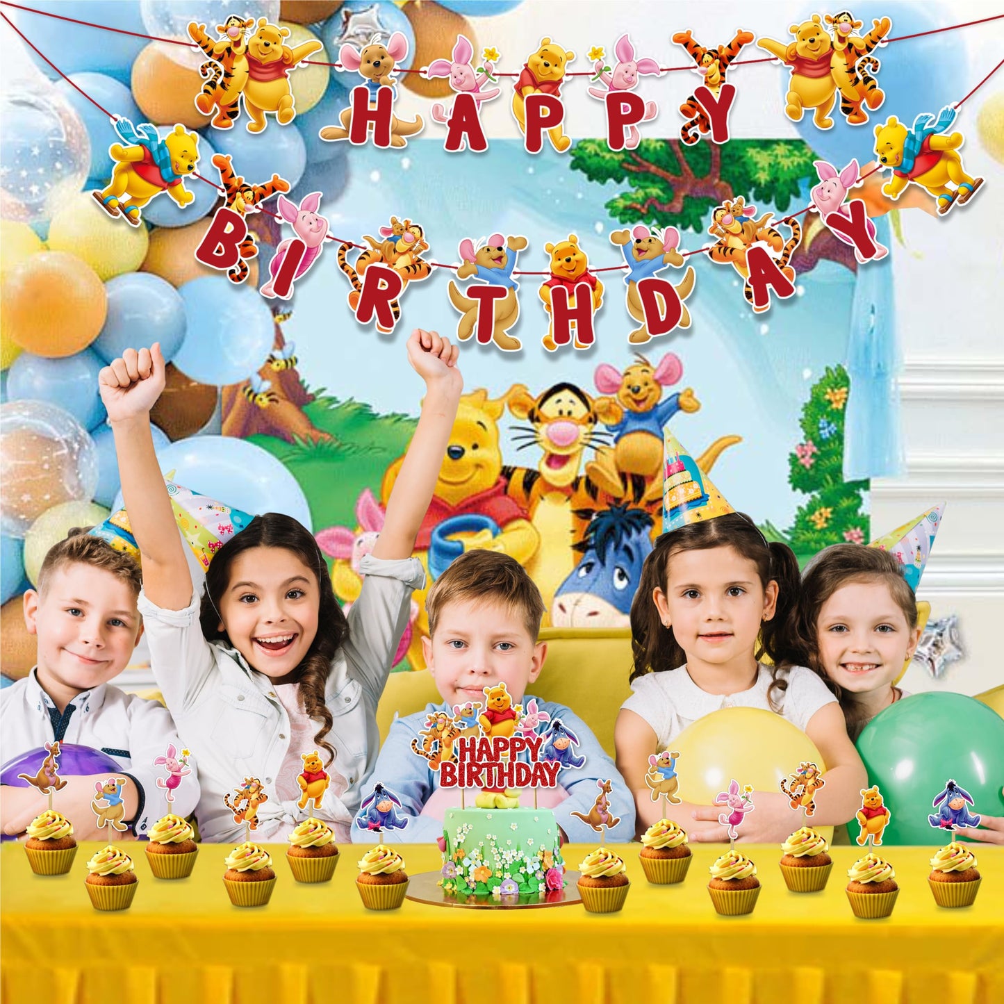 Winie The Pooh Theme Birthday Party Supplies, Cartoon Bear Party Decoration Set, Cute Themed Celebration Decor Kit for Birthday, Table Setup, Backdrop, Home Event Decoration Supplies