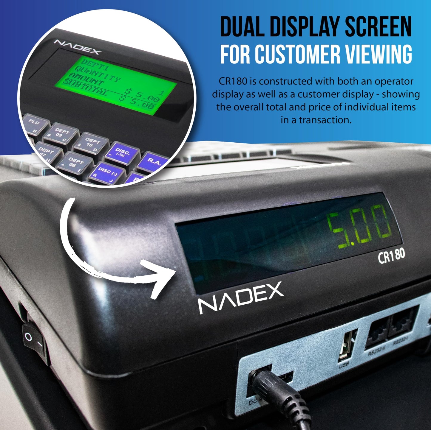 Nadex CR180 Electronic Cash Register, Steel Cash Drawer, Compact Design, Black