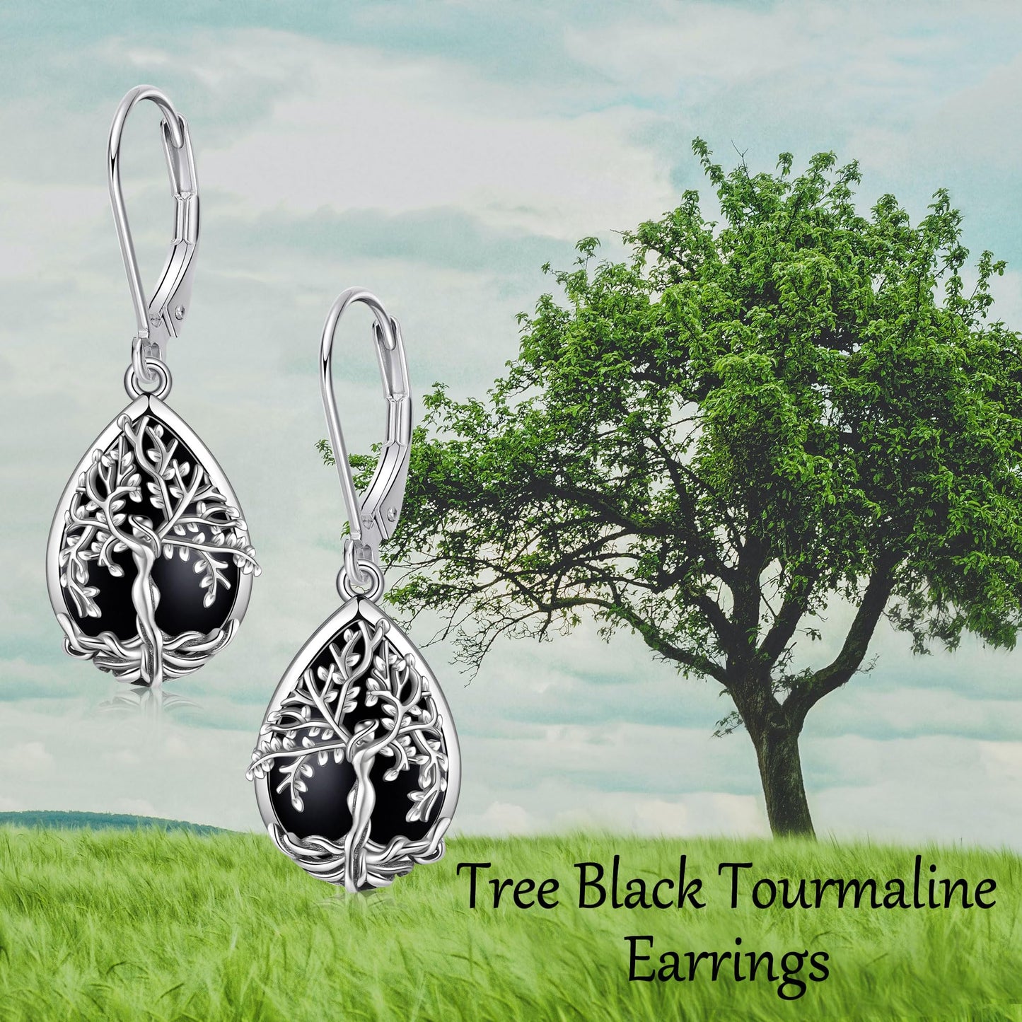 ONEFINITY Tree of Life Earrings Sterling Silver Black Tourmaline Tree of Life Dangle Drop Earrings Teardrop Black Tourmaline Jewelry for Women