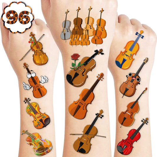96PCS Violin Temporary Tattoos Music Themed Birthday Party Decorations Favors Supplies Decor Musical Instrument Orchestral Violinist Tattoo Stickers Gifts For Kids Boys Girls School Prizes Carnival