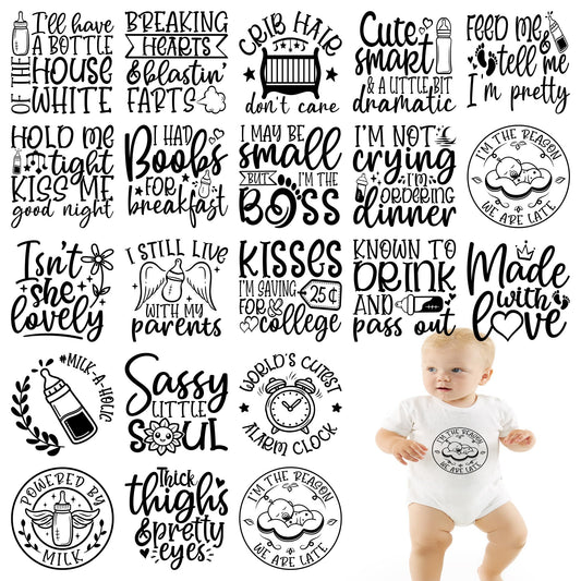 20 Pcs 5.5 Inch Vinyl DTF Heat Transfers for Baby Clothes with Funny Quote Designs for Onesies Bodysuits Bibs and DIY Shower Gifts