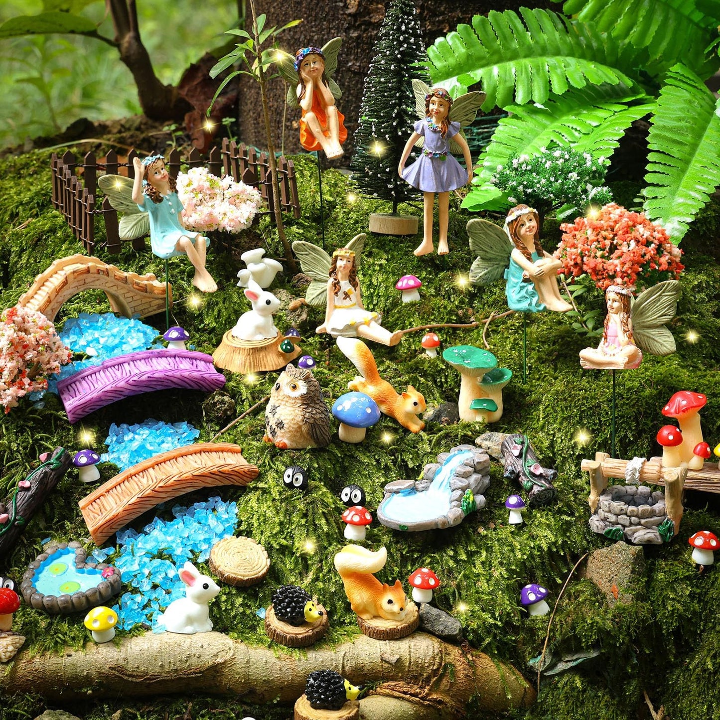 HIYZI 100 Pcs Fairy Garden Accessories Miniatures Figures Kit Micro Landscape Terrarium Ornaments Resin Mushroom Animal Fake Pond Lawn Bridge Garden Dollhouse Decoration