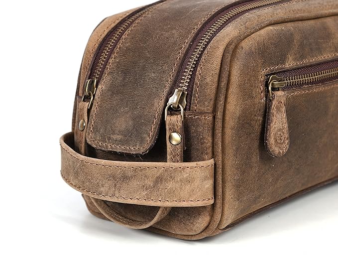 10" Premium Leather Toiletry Travel Pouch With Waterproof Lining Black Color | King-Size Handcrafted Vintage Shaving Kit By Aaron Leather Goods (Brown)