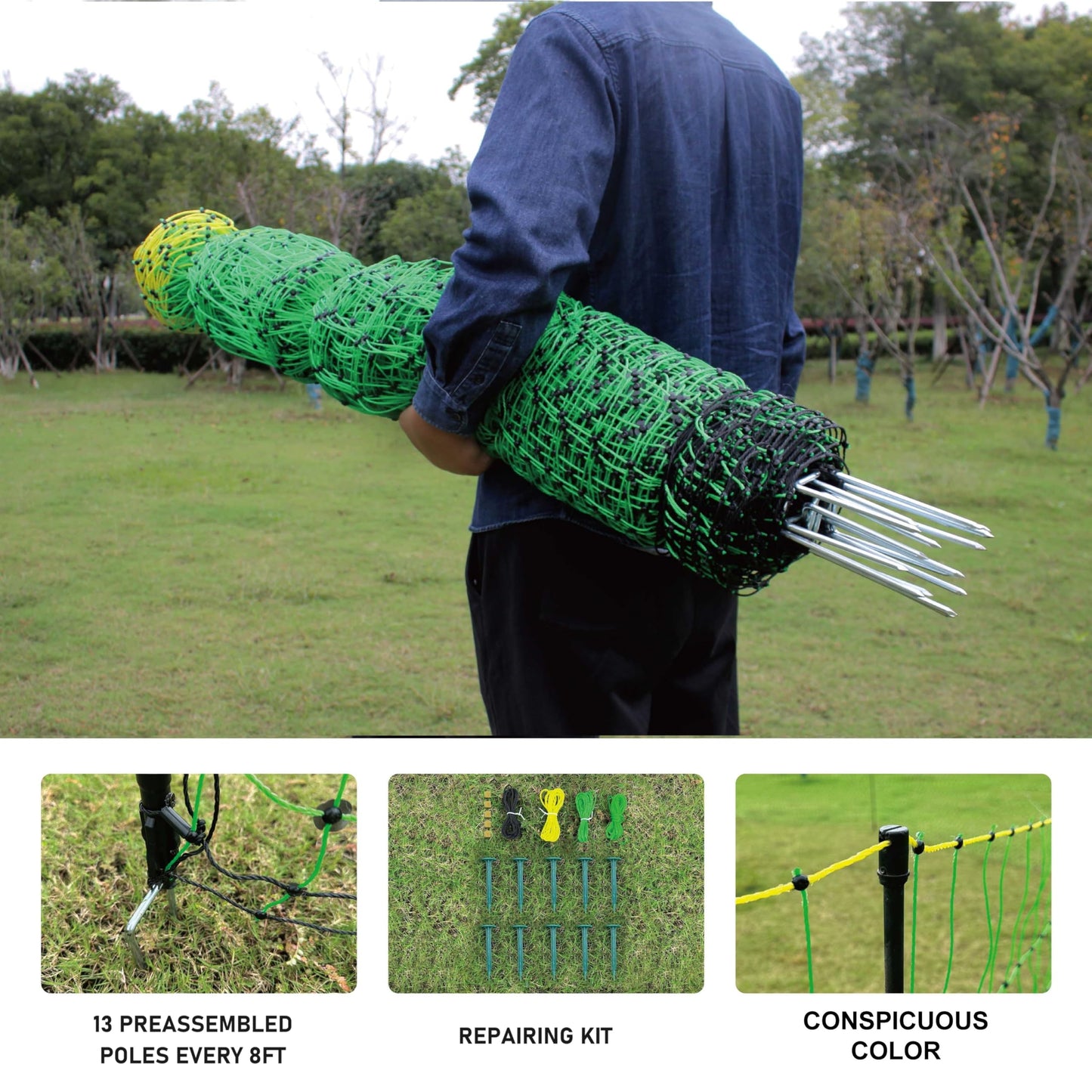 1 Pack Premium Portable Pre-Assembled Poultry Netting Electric Fence 47.3" x 98.5', Green,Utility Portable Mesh for Chickens, Ducks,Geese,Rabbits,Used in Backyards,Farms,and Ranches