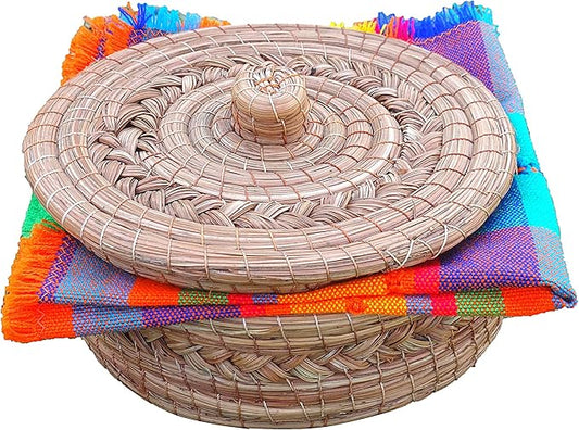 Authentic Mexican Tortilla Warmer Basket - Pine Needle Handwoven with Handloomed Cloth (Natural 7" w cloth)