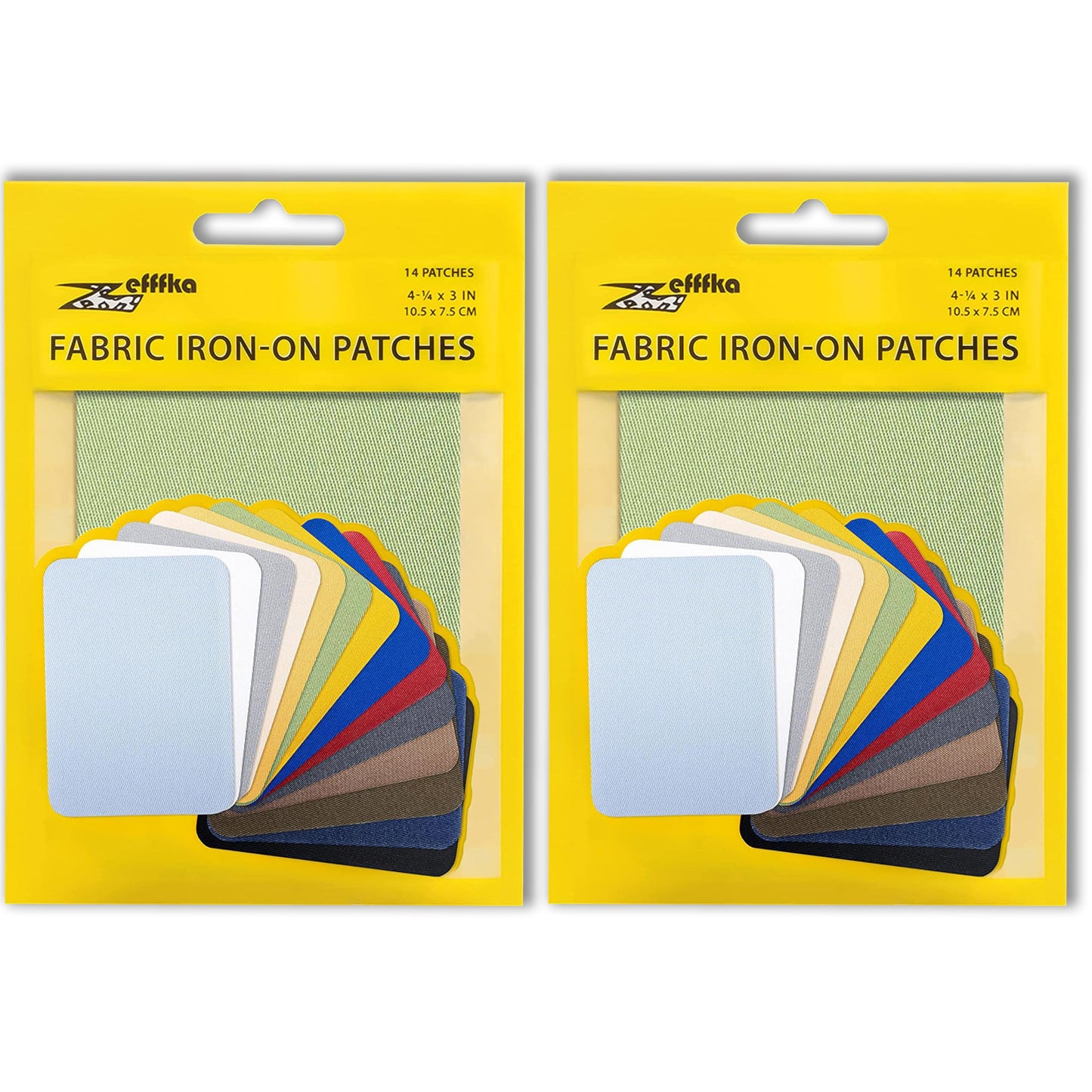 ZEFFFKA 2 Pack of Fabric Iron-on Patches Inside & Outside Strongest Glue 100% Cotton Blue Gray Beige Brown Yellow Red Green Repair Decorating Kit 14 Pieces Size 3" by 4-1/4" (7.5 cm x 10.5 cm)