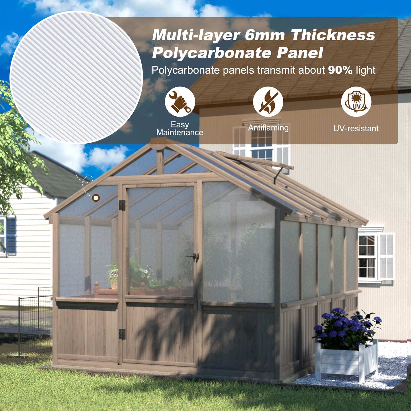 BlueWish 8x10 FT Greenhouse Kit, Wood Greenhouses with 6MM Polycarbonate Panel, Green House with Adjustable Vent & Lockable Door, Walk-in Greenhouse for Outside, Garden, Backyard