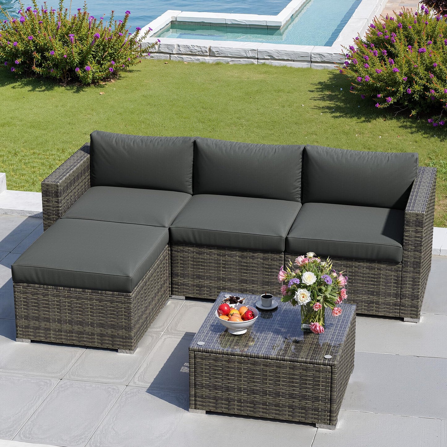 Green4ever 5-Piece Outdoor Patio Furniture Set, All-Weather Wicker Rattan Sectional Sofa with Cushions and Glass Coffee Table, Patio Conversation Set for Backyard, Porch, Garden, Balcony, Grey