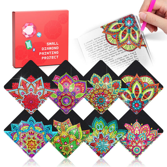 8 PC Diamond Art Corner Bookmarks Leather Bookmark Kit for Adults Paint by Dots Bookmarkers Craft DIY Gem Small Dotz Gifts for Mom, Christmas Gifts for Women, Mandala Flower Black Lotus
