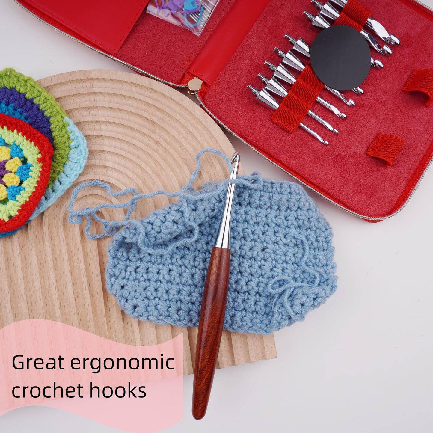 Interchangeable Ergonomic Crochet Hooks Set Inline Beginner Crochet Needles Kit Smooth Grip Wooden Handle with Red Case for Arthritic Hands 9 Sizes 3.5mm-8mm