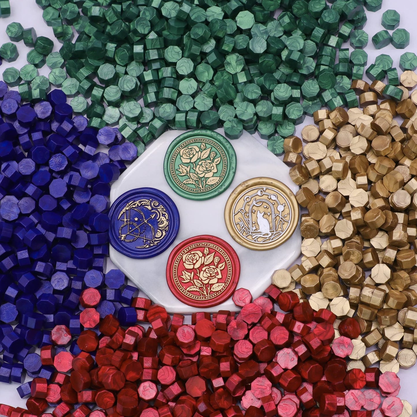 SWANGSA Sealing Wax Kit, 1450pcs Sealing Wax Beads Metallic Green, Wax Seal Warmer, Wax Spoon, Gold Wax Seal Pen and Tealight Candles for Wax Stamp Letter Sealing