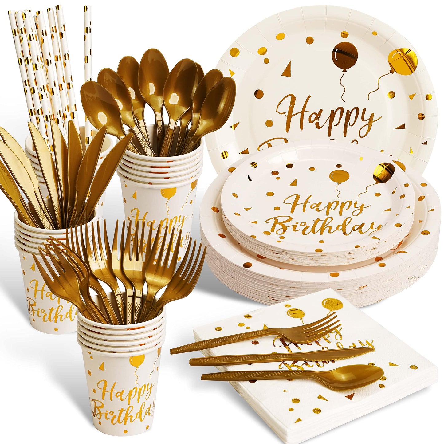 200 pieces of white and gold birthday party supplies, disposable happy birthday tableware set, gold plastic knives, forks, spoons, straws. Birthday themed tray, cup,25Guests（white）