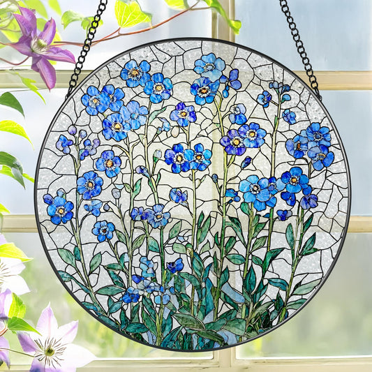 8 Inch Stained Glass Window Hanging, Forget Me Not Flower Stained Glass Suncatcher, Window Decor, Plant Lover Gift for Women, Forget Me Not Gifts for Couples, Best Friend, Family, Colleague, Classmate