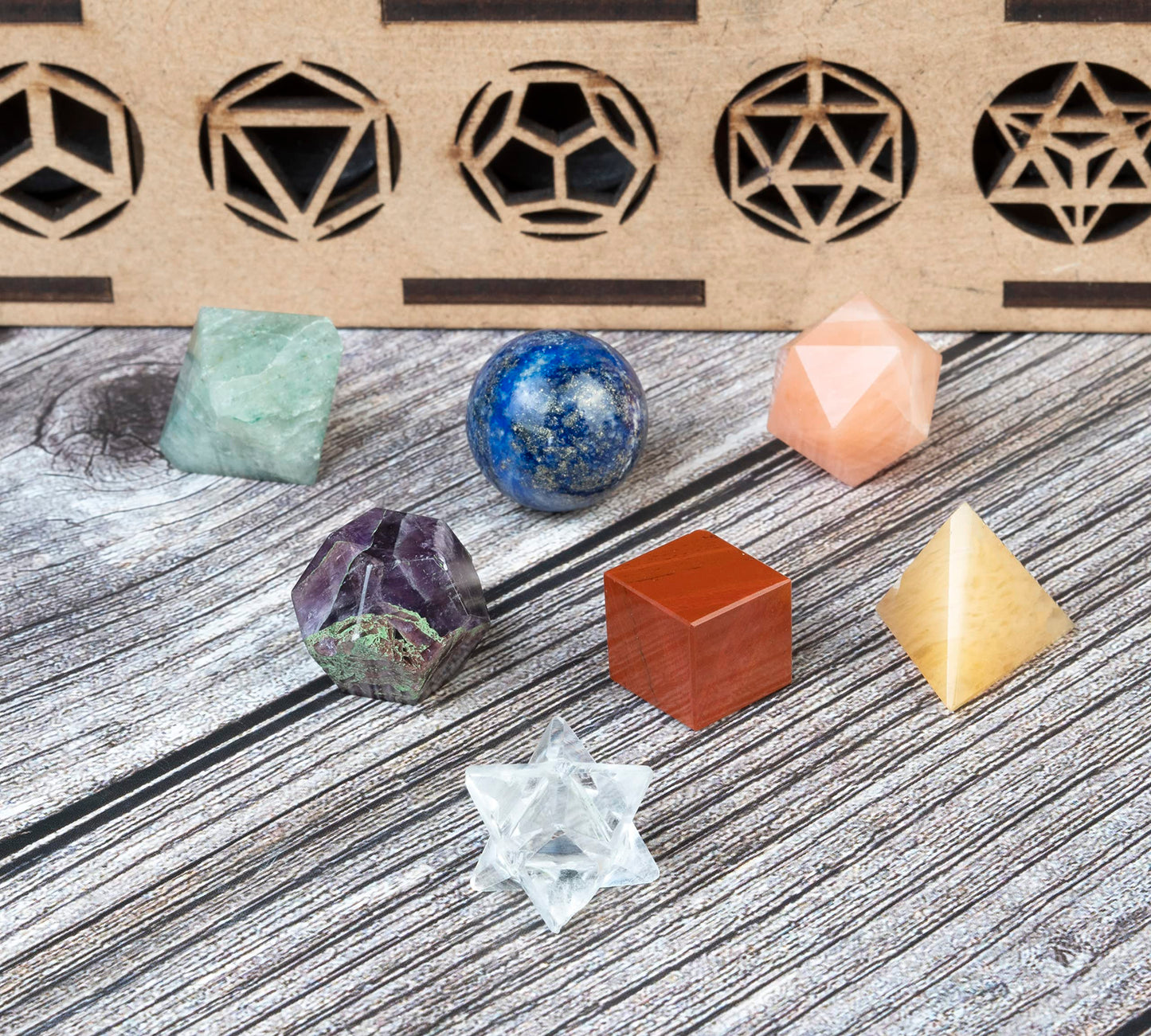 Crocon Mix Seven Chakra 7 Pcs Platonic Sacred Stones Geometry Set for Reiki Healing Chakra Stone Balancing Spiritual Good Luck Home Office Decor Size: 15-20 mm